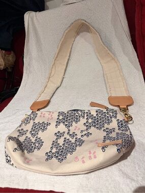 Cream Floral Canvas Crossbody Bag with Navy and Pink Print